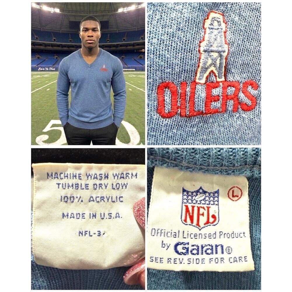 Houston Oilers Vintage Garan NFL Blue V Neck Pullover Sweater Made in USA Large